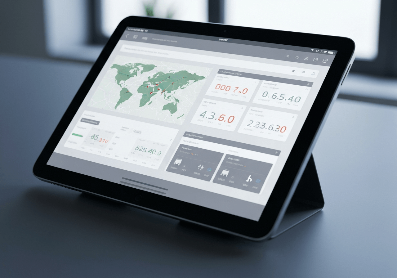 A close-up of a digital tablet screen showing a complex logistics tracking dashboard with interactive maps and shipment data, clean modern office environment, professional editorial style, soft cinematic lighting, 85mm lens, highly detailed, no text, no words, no letters