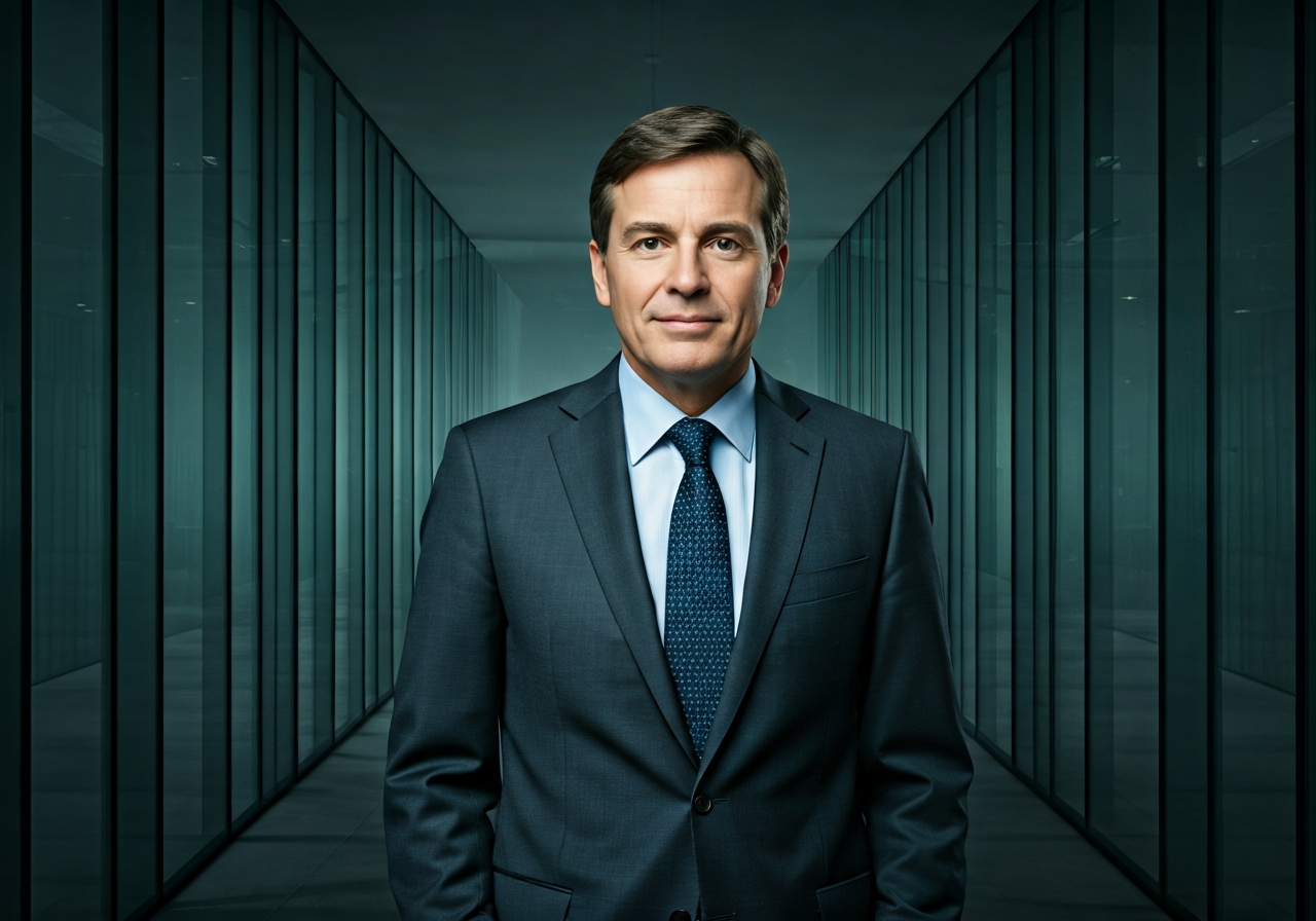 A professional portrait of a visionary business leader in a modern, minimalist glass office, clean architectural lines, soft natural daylight, cinematic editorial photography, 85mm lens, high resolution, no text, no words, no letters.