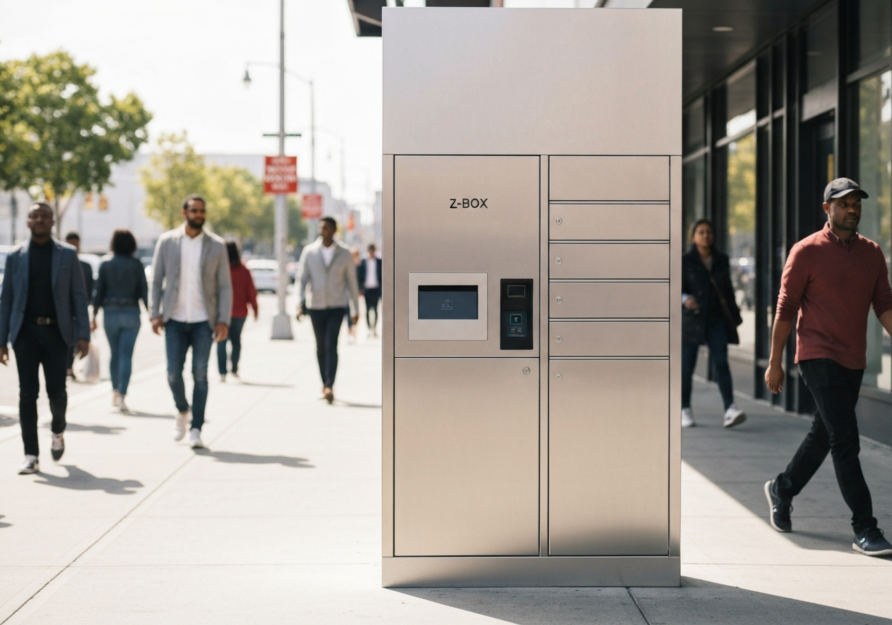 A modern, minimalist Z-BOX automated locker station in a bright, clean urban setting, people walking in the background, professional editorial photography, soft natural light, shallow depth of field, 85mm lens, high quality, no text, no letters.