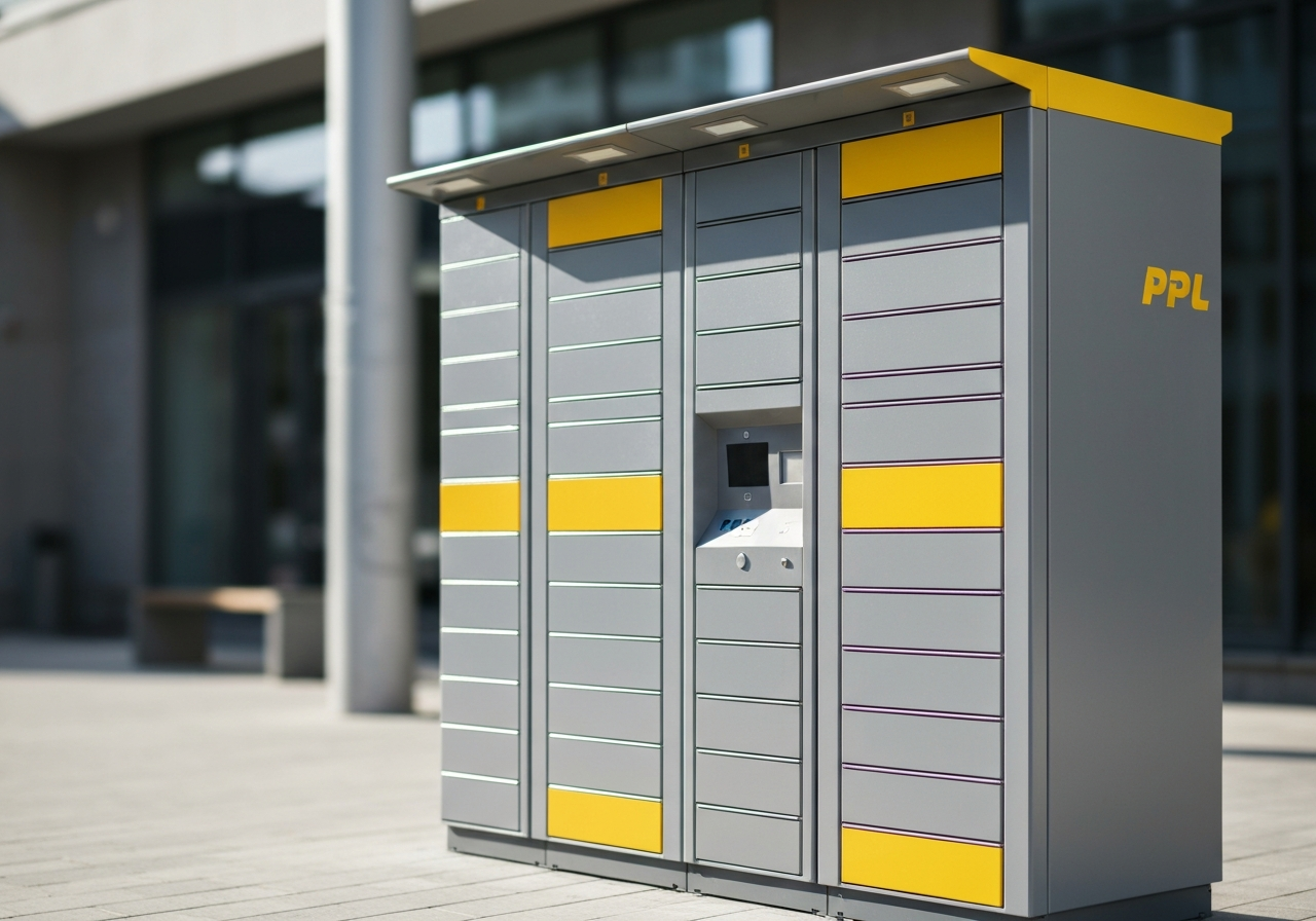 Modern PPL parcel locker station standing at an outdoor urban location, sleek metal design, clean grey and yellow color palette, soft natural daylight, shallow depth of field, 85mm lens, high resolution, professional logistics editorial photography, no text, no words, no letters.