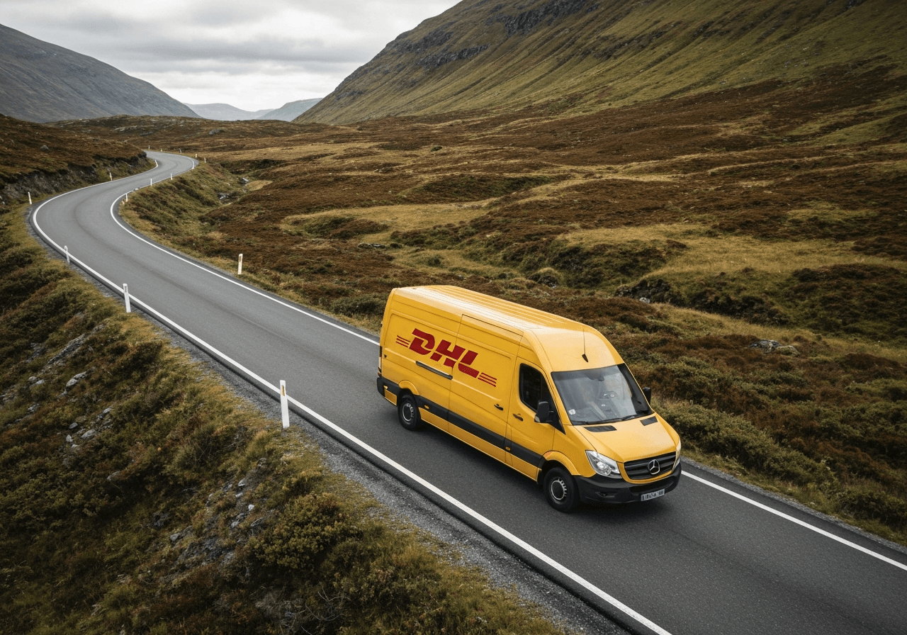 A high-angle editorial shot of a DHL delivery van driving through a remote, scenic mountain road, minimalist aesthetic, professional logistics photography, soft natural daylight, 85mm lens, high resolution, no text, no words, no letters.