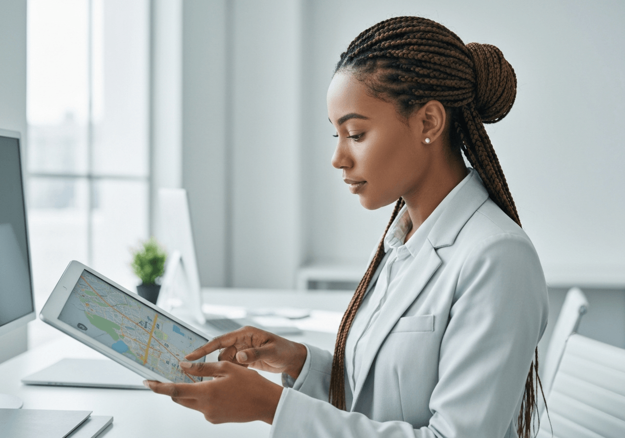 A professional logistics specialist examining a digital map on a tablet screen, modern clean office environment, Editorial photography, soft natural light, 85mm lens, highly detailed, no text, no letters