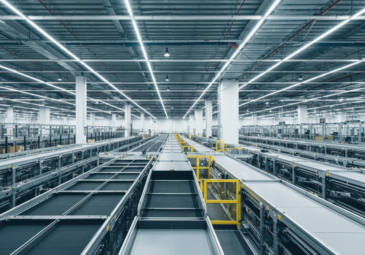 A wide shot of a modern, high-tech logistics hub with automated sorting systems, clean industrial design, aesthetic of global connectivity, premium editorial photography, soft natural light, 85mm lens, no text, no words, no letters.