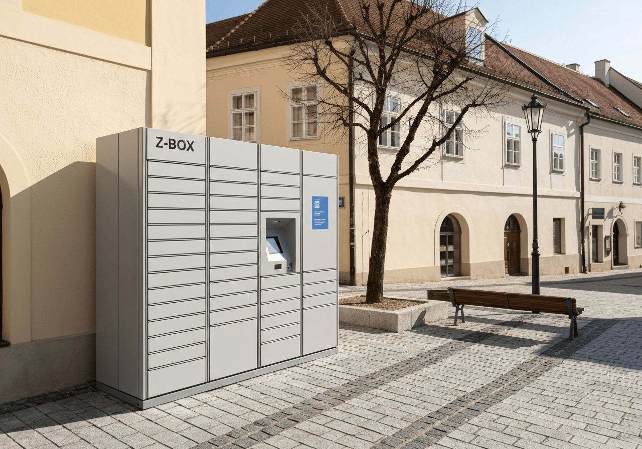 A minimalist, modern automated parcel locker Z-BOX standing in a clean, sunny public space in a Czech town, editorial photography, high-end architecture, soft natural light, 85mm lens, depth of field, no text, no words, no letters
