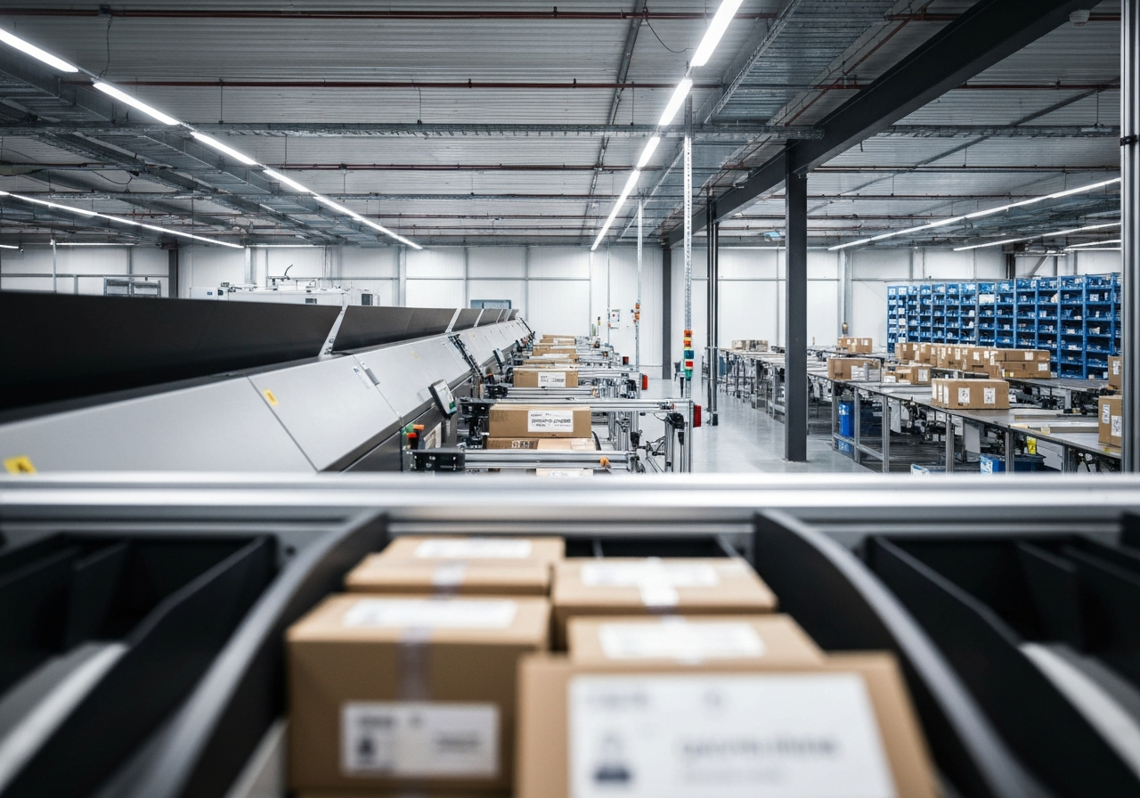 A professional logistics center interior with a sleek, modern aesthetic, showing automated sorting technology and organized parcels, high-end editorial photography, soft natural light, 85mm lens, depth of field, no text, no words, no letters