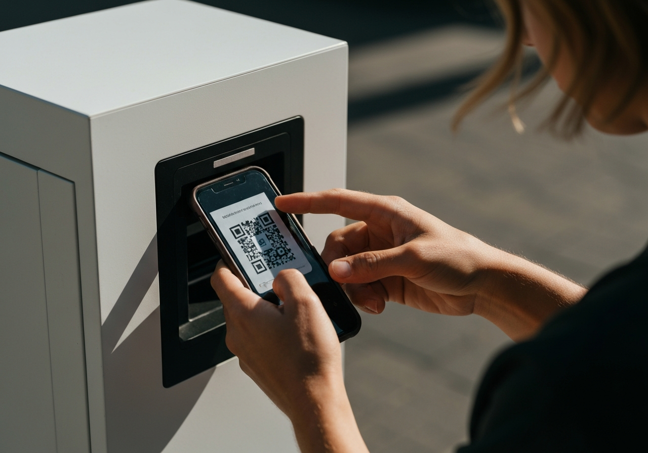 A close-up of a person's hands using a smartphone to scan a QR code at a modern, minimalist parcel collection point, clean urban background, editorial photography, soft natural light, 85mm lens, highly detailed, no text, no letters.