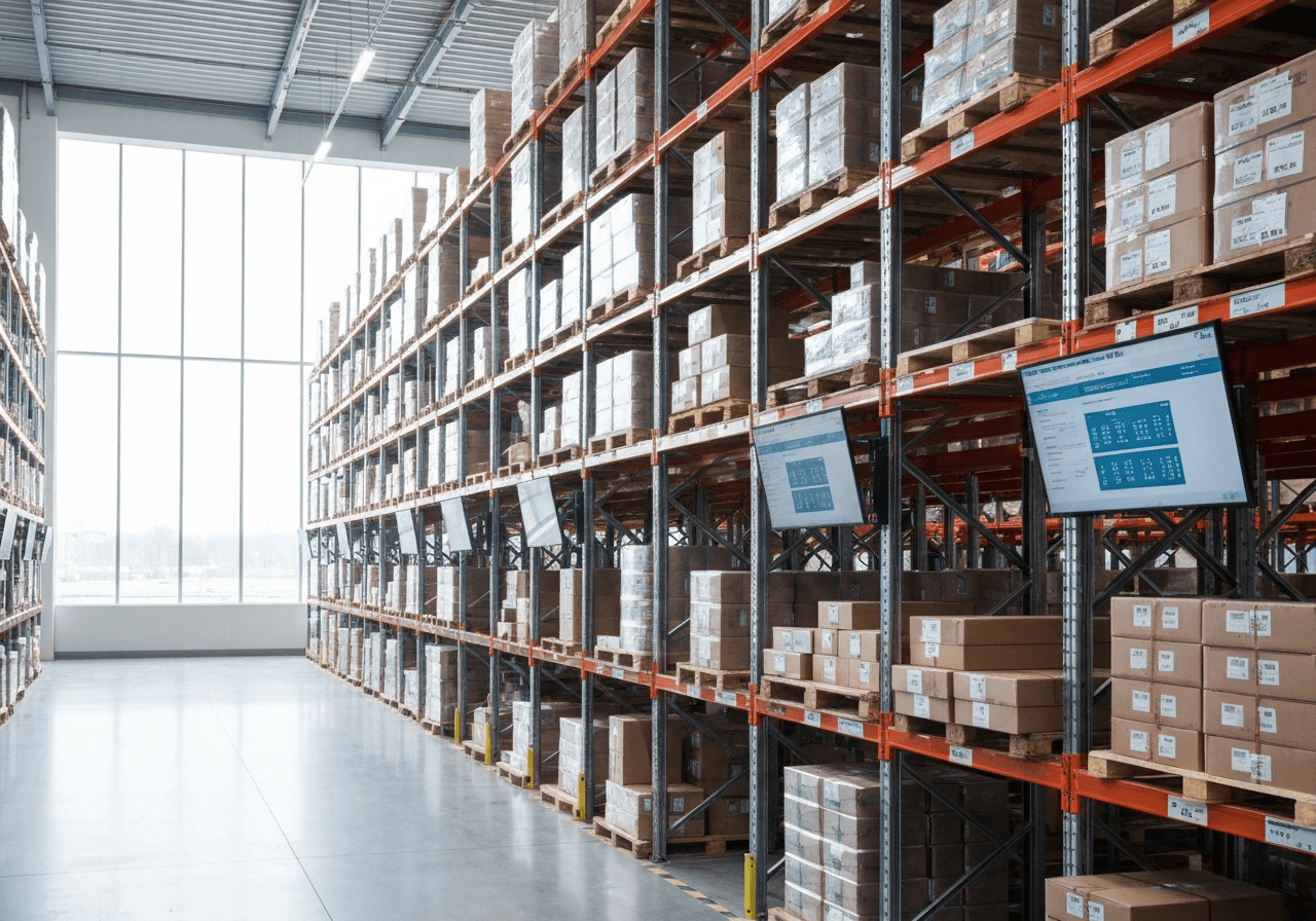 A professional logistics hub interior with organized shelves and modern digital screens, clean industrial design, editorial photography, soft natural light, 85mm lens, highly detailed, no text, no words, no letters.