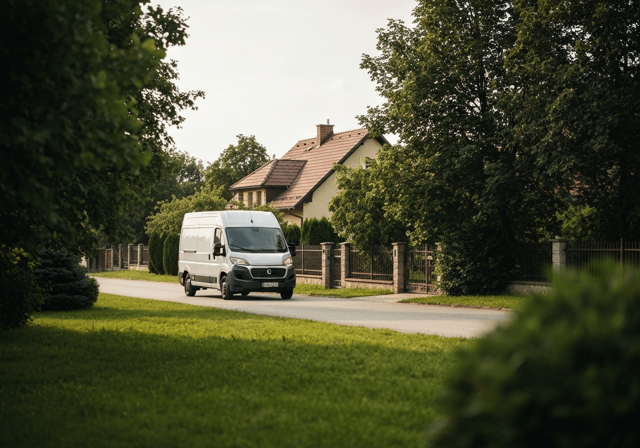 Editorial photography, a modern delivery van arriving at a serene suburban setting in Šlapanice with a view of green hills, clean logistics concept, soft natural light, 85mm lens, high quality, no text, no letters