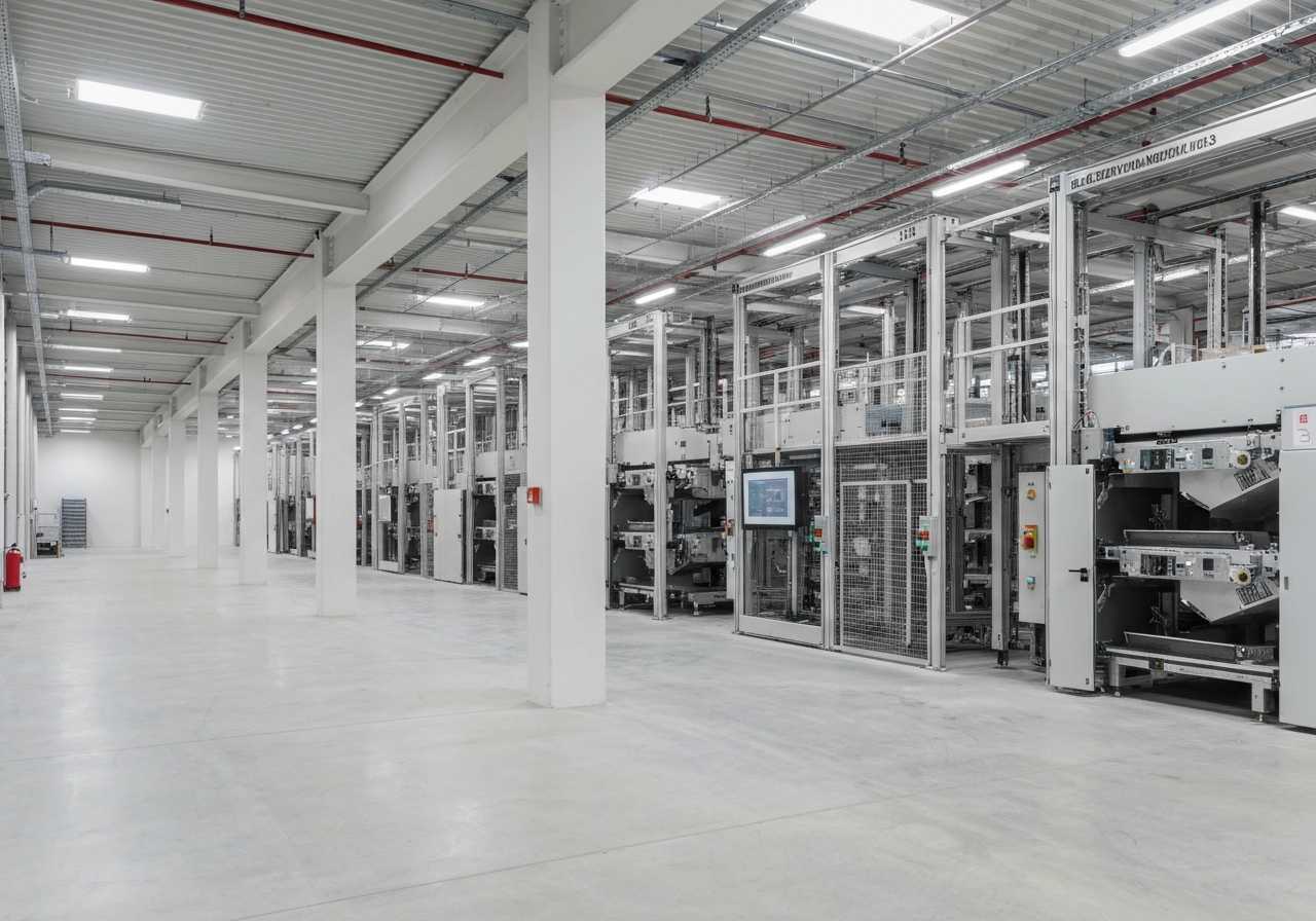 A sleek, modern logistics hub with automated sorting systems, clean minimalist design, soft natural light, editorial photography, 85mm lens, high-end professional aesthetic, no text, no words, no letters.