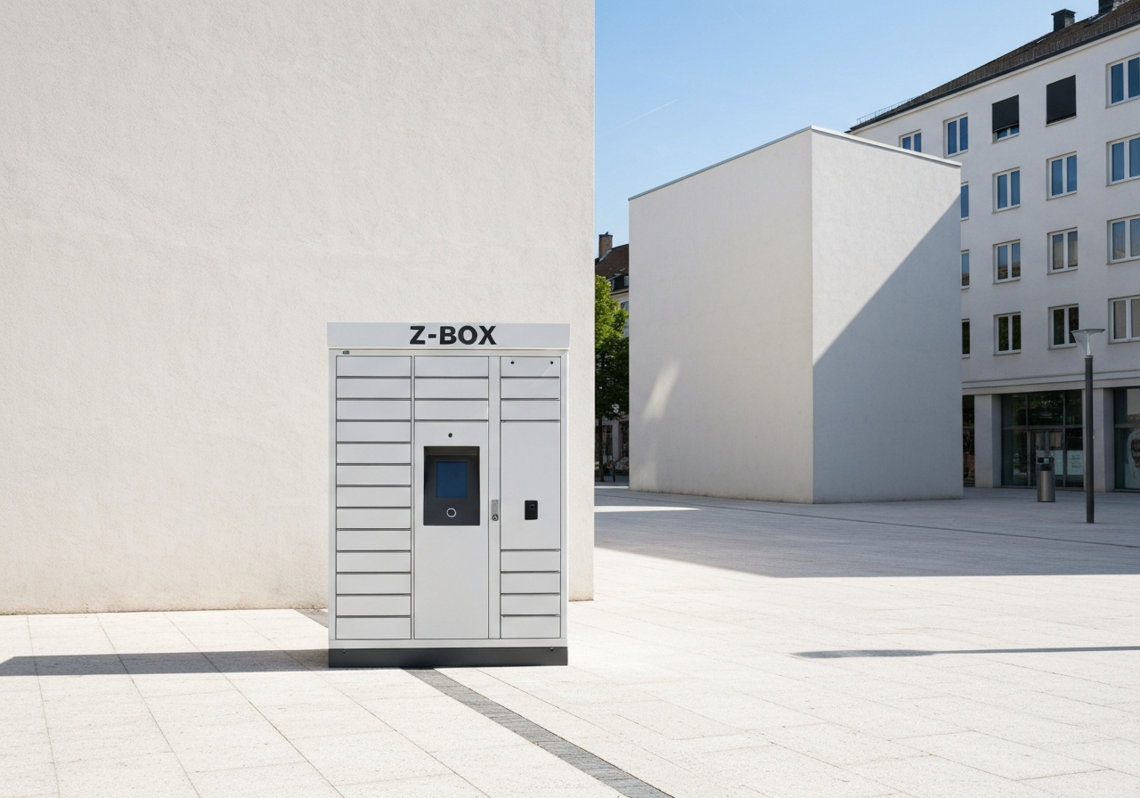 A clean, modern Z-BOX self-service locker station in a beautiful, minimalist urban square, bright natural daylight, editorial photography, 85mm lens, high quality, professional composition, no text, no words, no letters
