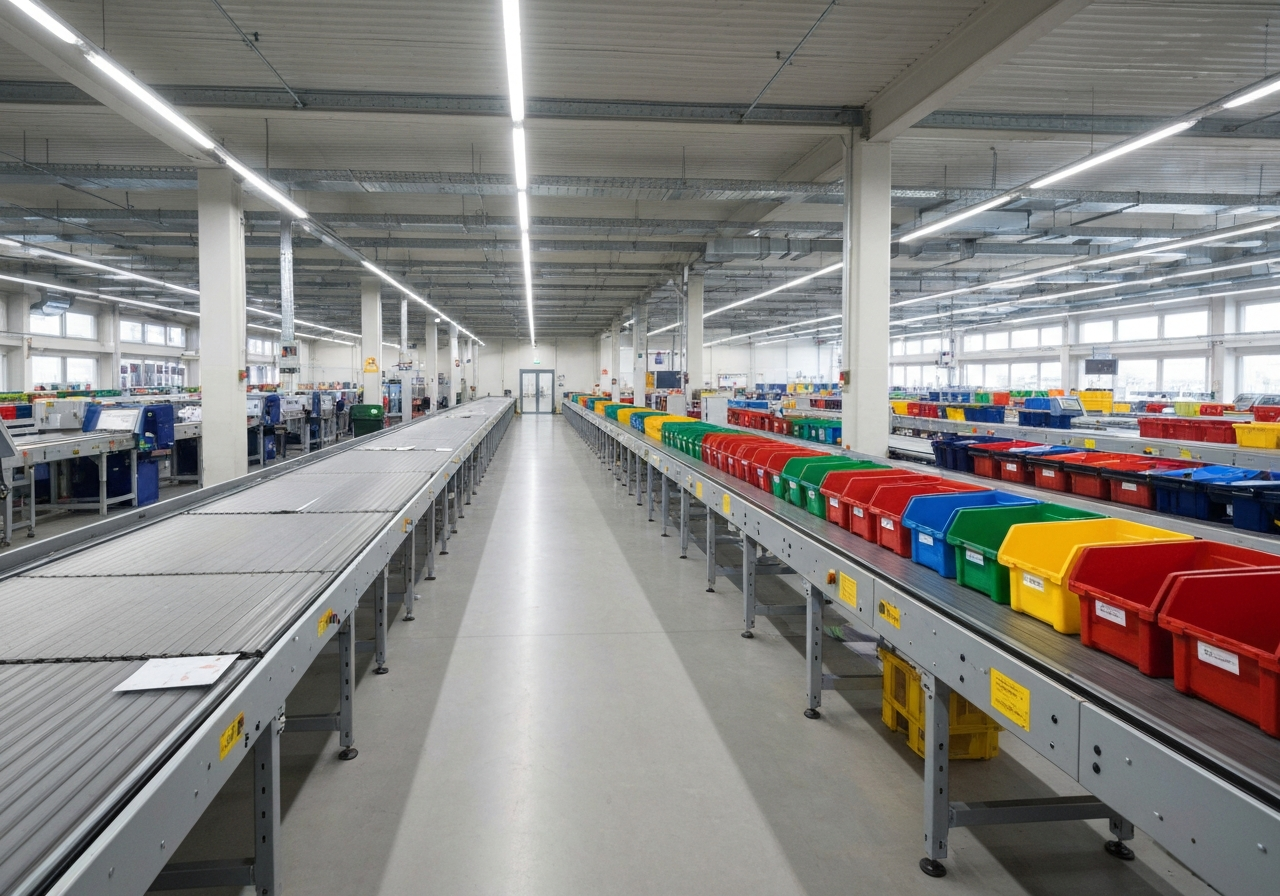 A professional, modern post office sorting facility in Slovakia, clean industrial aesthetic, focus on mail logistics and sorting bins, soft natural light, editorial photography, 85mm lens, no text, no words, no letters
