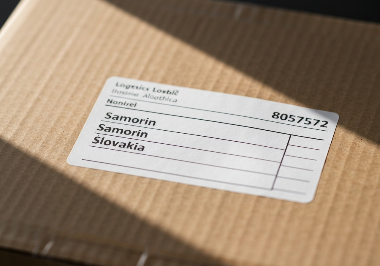 Professional logistics scene showing a clear, handwritten shipping label on a parcel addressed to Samorin, Slovakia, minimalist clean background, soft natural lighting, 85mm lens, high quality, no text, no words, no letters