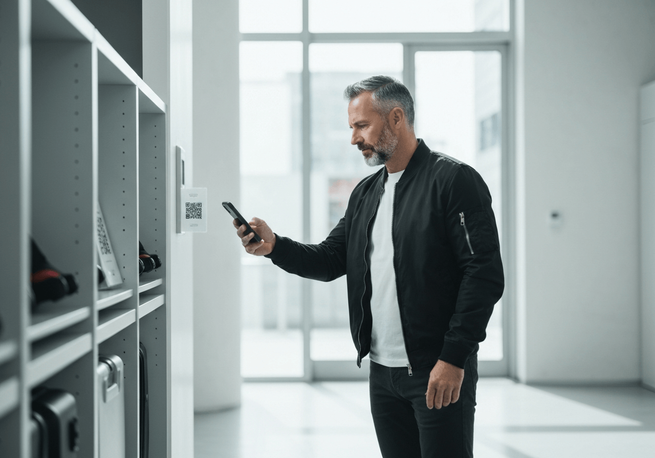 A modern traveler in a sleek, minimalist urban setting using a smartphone to scan a QR code at a secure luggage storage facility, bright and airy environment, editorial photography style, soft natural light, 85mm lens, high quality, no text, no letters