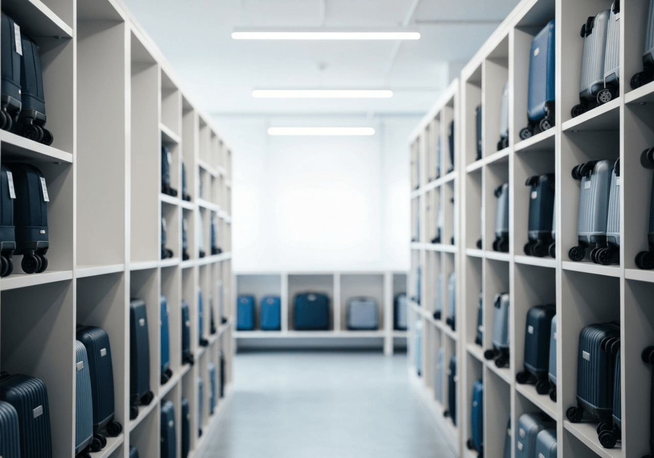 A professional luggage storage facility with neat rows of suitcases, modern and clean urban interior, editorial photography, soft natural light, 85mm lens, depth of field, minimalist design, no text, no words, no letters.