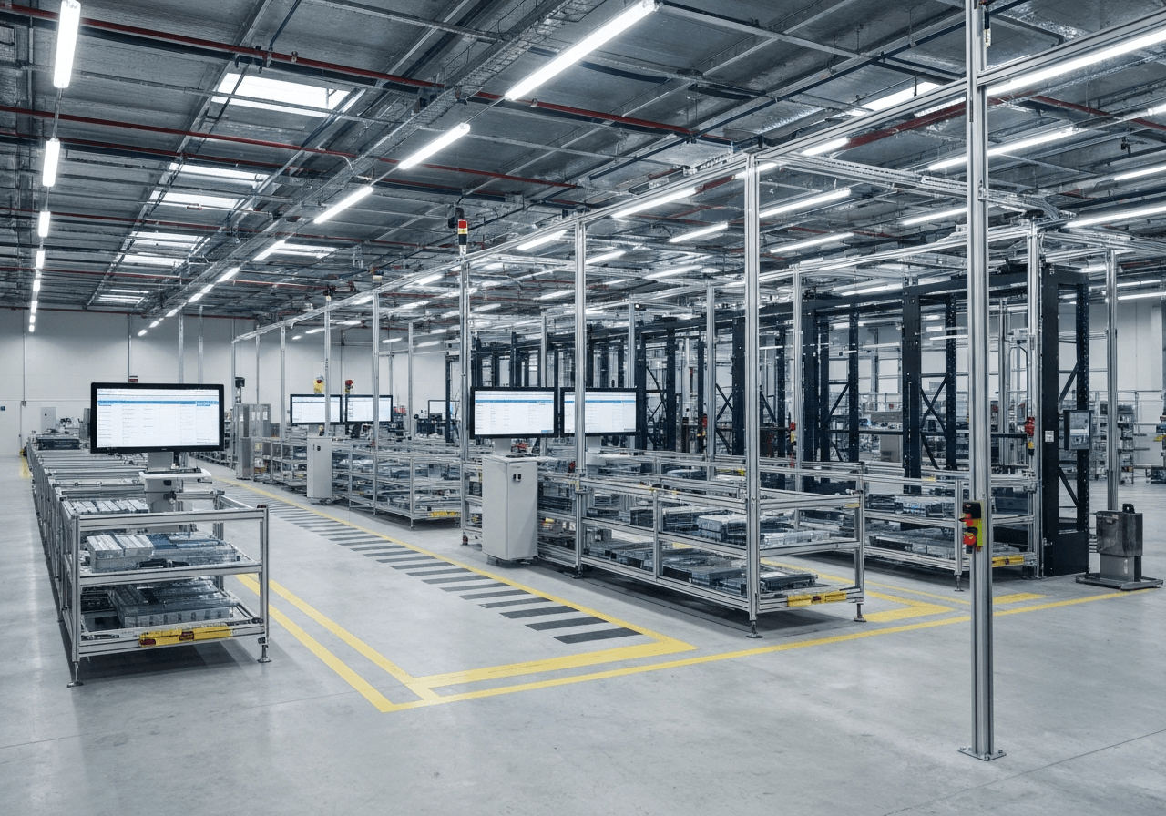 Editorial photography, a professional logistics warehouse setting with modern digital tracking screens and clean, minimalist interior, soft natural light, 85mm lens, high-end professional look, no text, no letters, no words