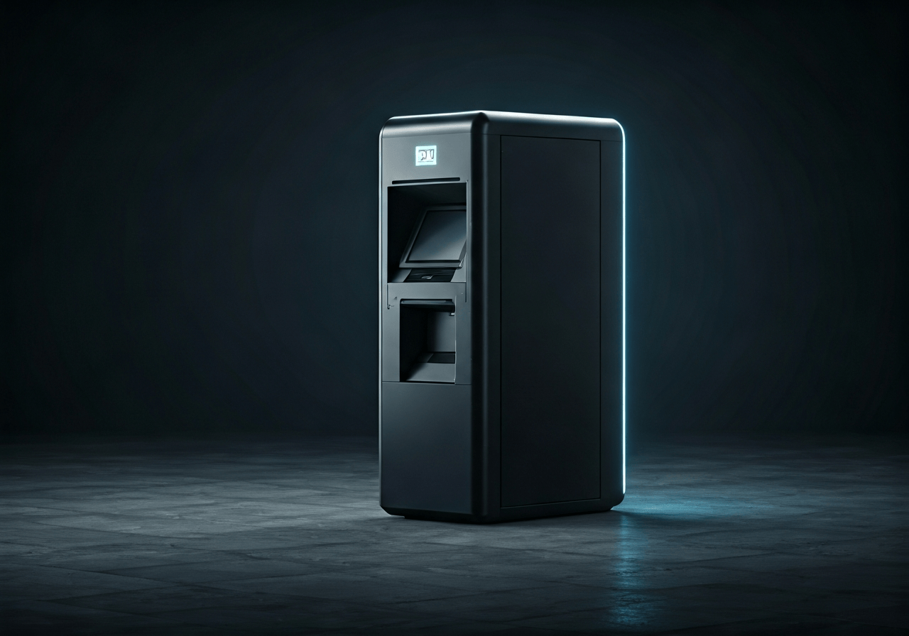 A sleek, modern Z-BOX automated parcel terminal situated in a clean urban environment of Jihlava, soft natural light, editorial photography style, high contrast, 85mm lens, depth of field, minimalist design, no text, no letters