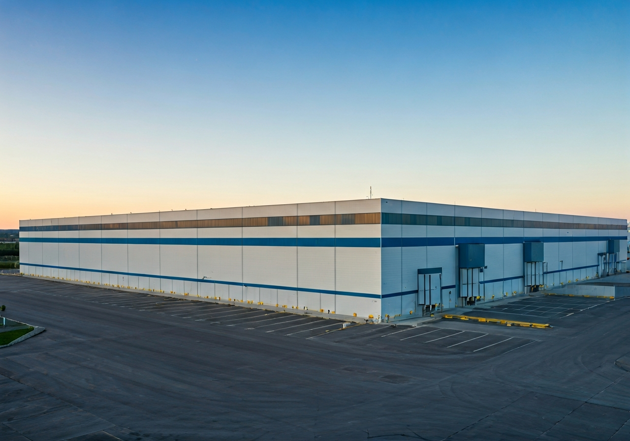 A wide-angle aerial view of a large, modern logistics sorting facility building, clean industrial architecture, soft daylight, professional editorial photography, high resolution, no text, no letters.