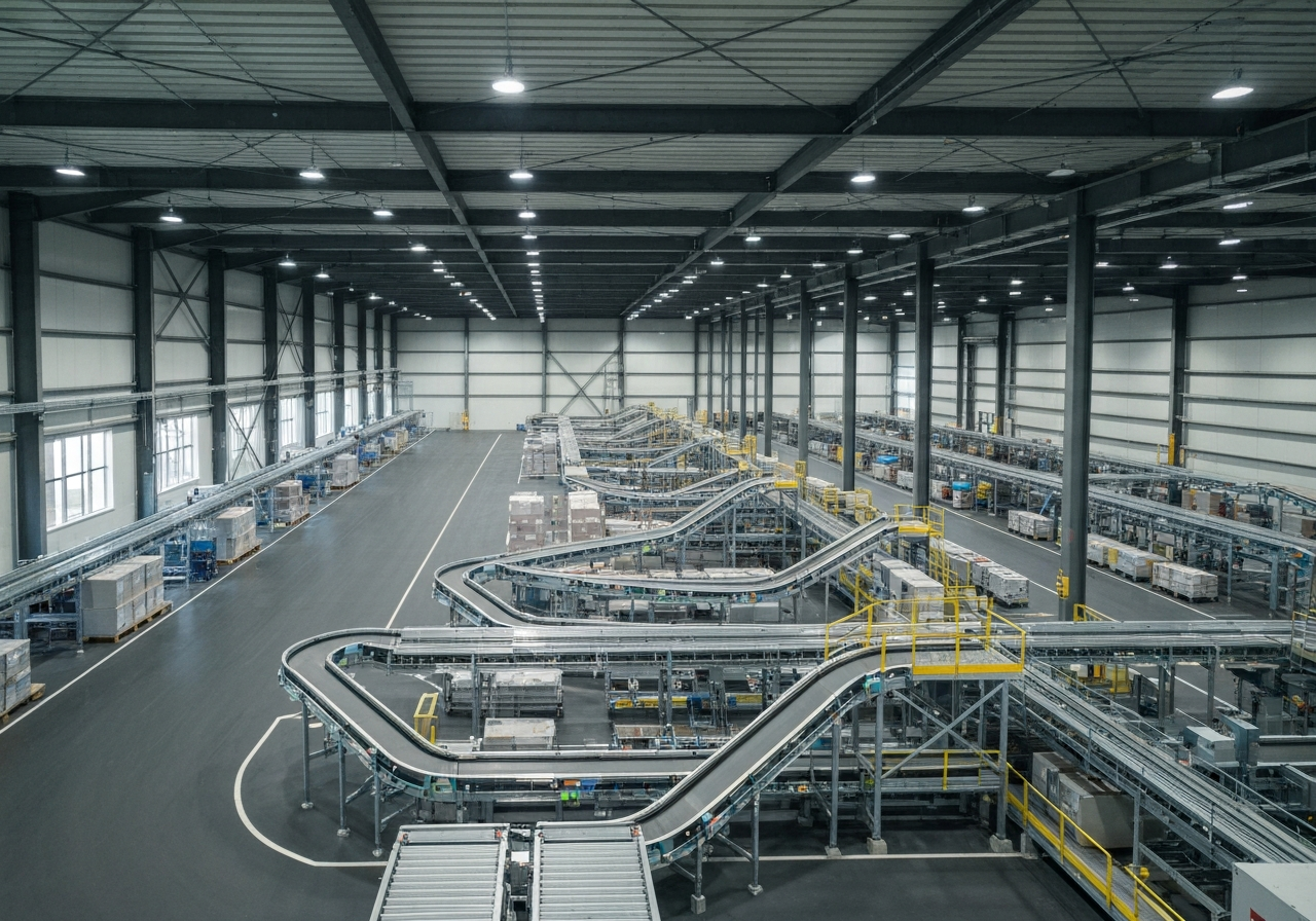 Aerial view of a modern automated logistics center hub in Liberec, clean industrial architecture, organized flow of conveyor belts, professional editorial photography, soft natural light, 85mm lens, high resolution, no text, no words, no letters.