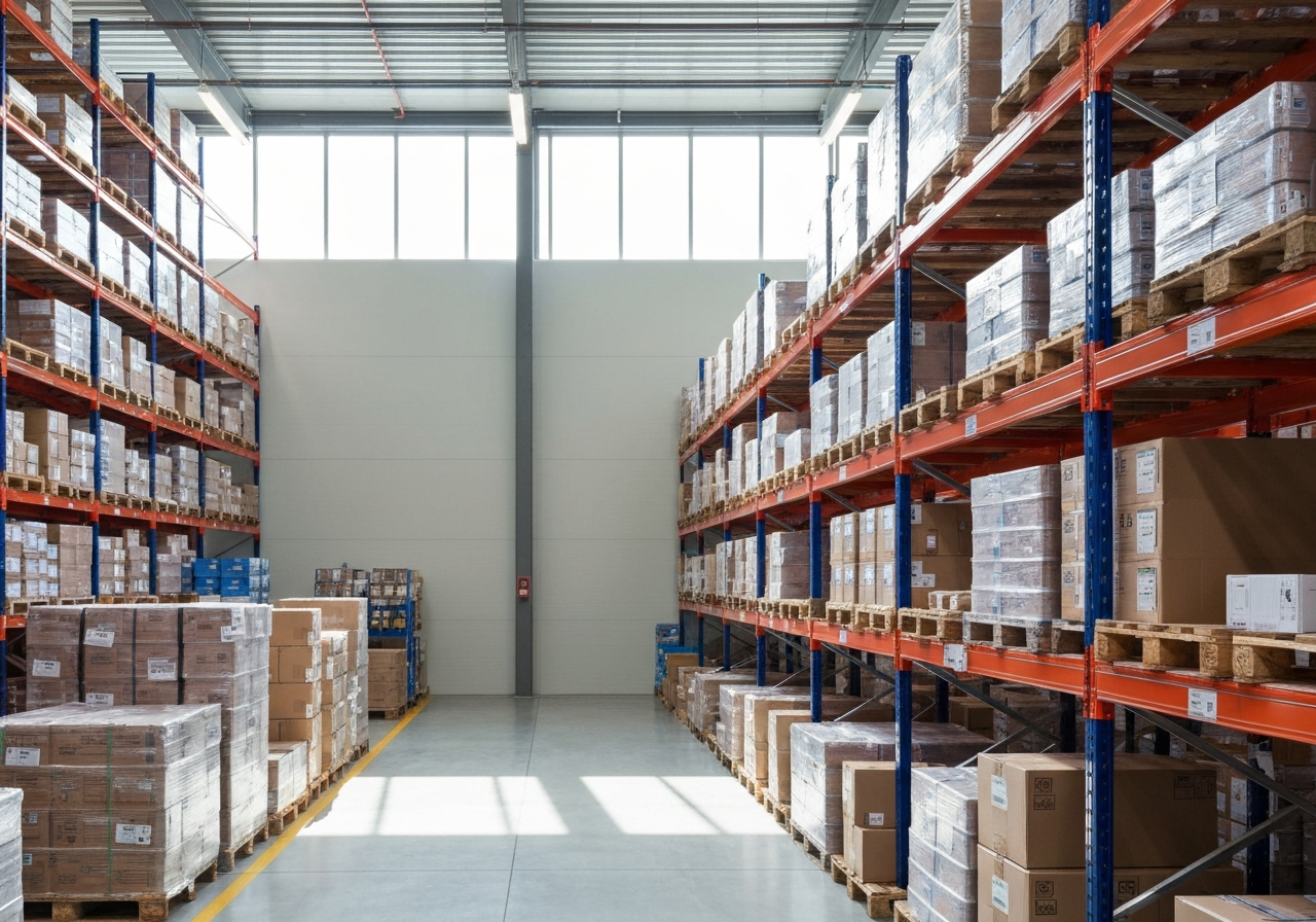 A professional, modern logistics hub interior, sleek warehouse shelves with orderly parcels, bright morning light filtering through high windows, high-end editorial photography style, 85mm lens, depth of field, no text, no words, no letters