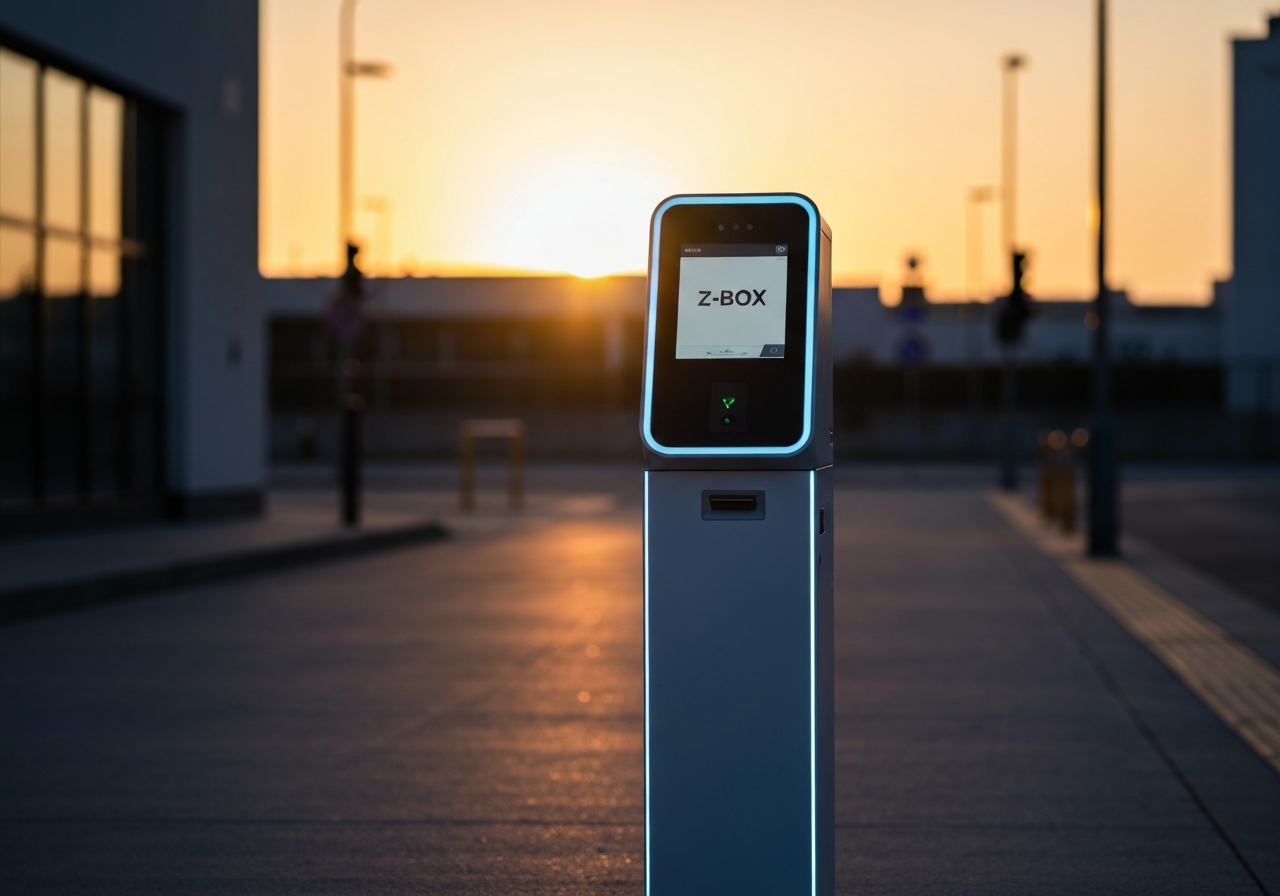 A sleek, modern Z-BOX terminal located in a clean, minimalist urban environment during a sunset, professional editorial photography, high contrast, 85mm lens, depth of field, no text, no words, no letters