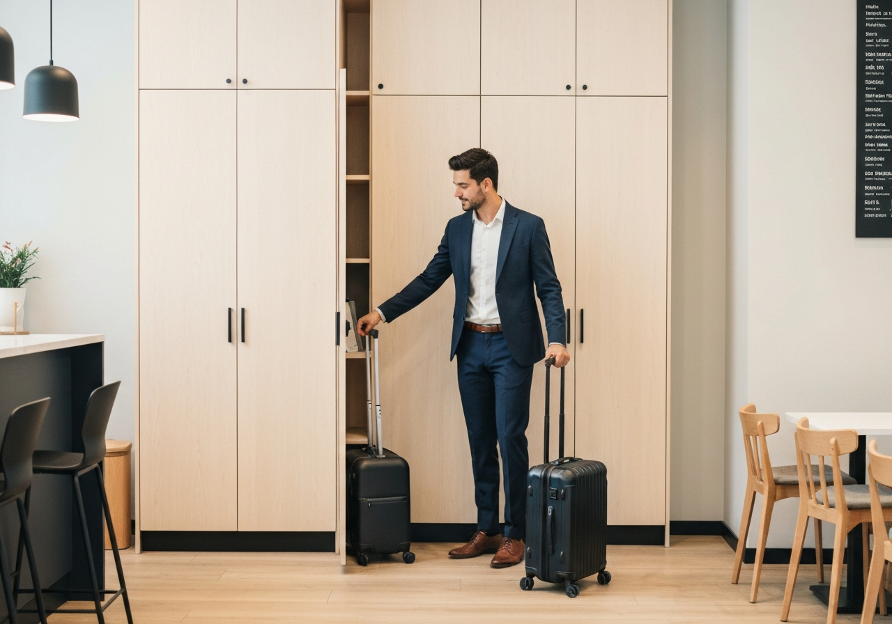 A modern traveler leaving a stylish suitcase in a clean, professional café storage corner in Kosice, bright airy environment, editorial photography, soft natural light, 85mm lens, highly detailed, no text, no letters