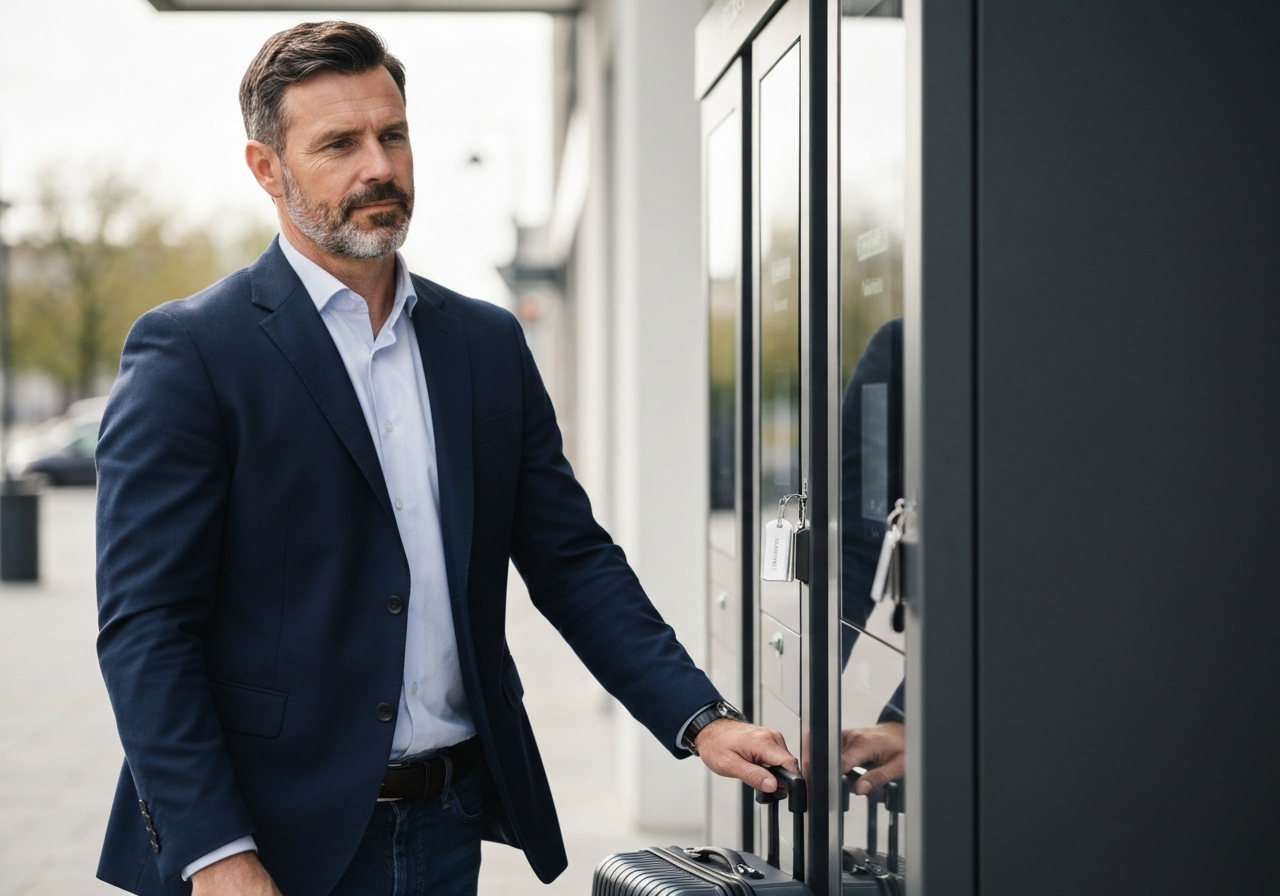 A professional traveler standing at a sleek luggage storage kiosk in a clean, modern city setting like Kosice, soft natural light reflecting off luggage tags, editorial photography style, 85mm lens, high-end travel aesthetic, no text, no words, no letters.