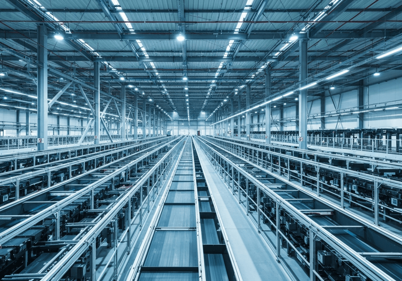 A wide shot of a modern, high-tech logistics hub with automated sorting systems, clean minimalist industrial architecture, editorial photography style, cinematic lighting, 85mm lens, high resolution, no text, no words, no letters.
