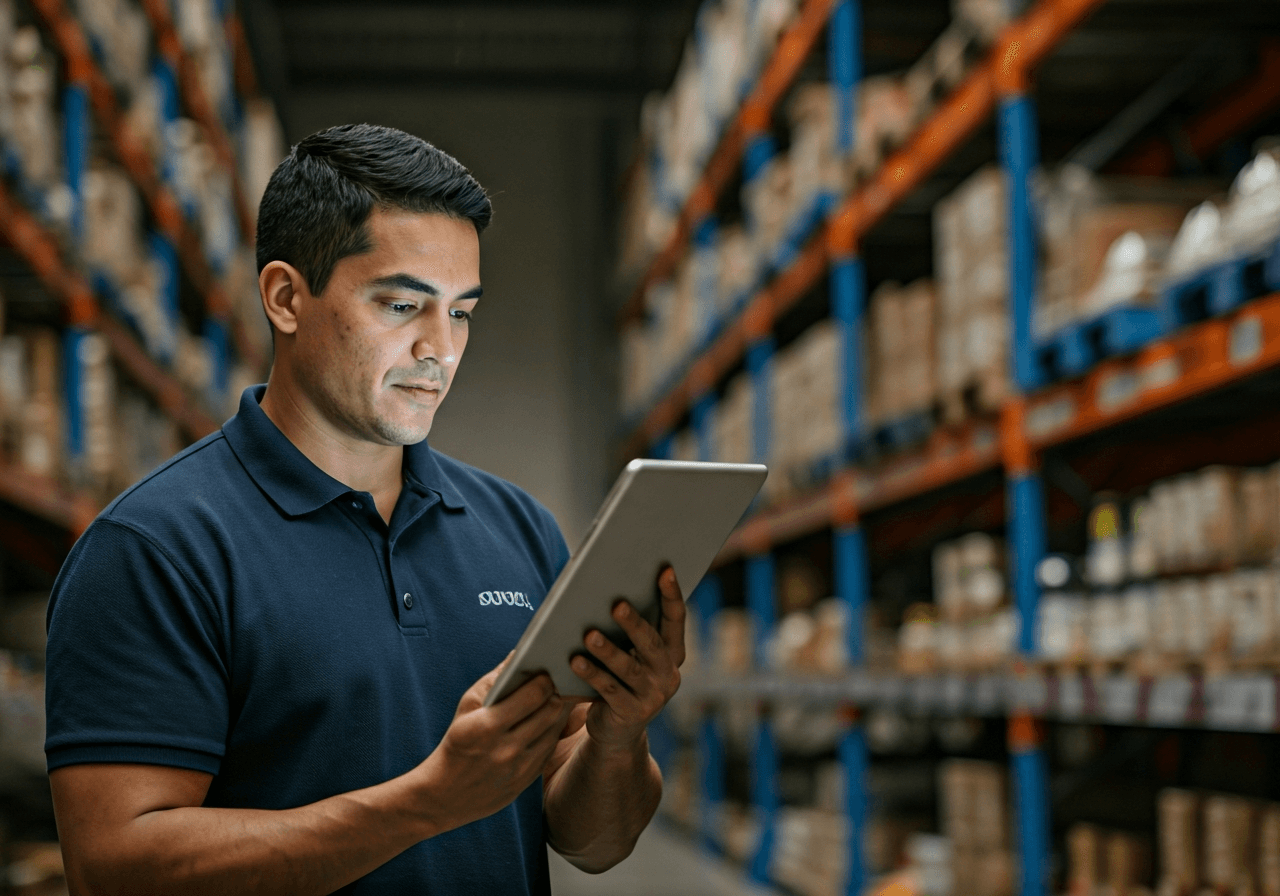 A professional logistics warehouse manager reviewing a high-tech digital tablet with shelves of premium organic products in the background, modern, clean, editorial photography, soft natural light, 85mm lens, highly detailed, no text, no words, no letters