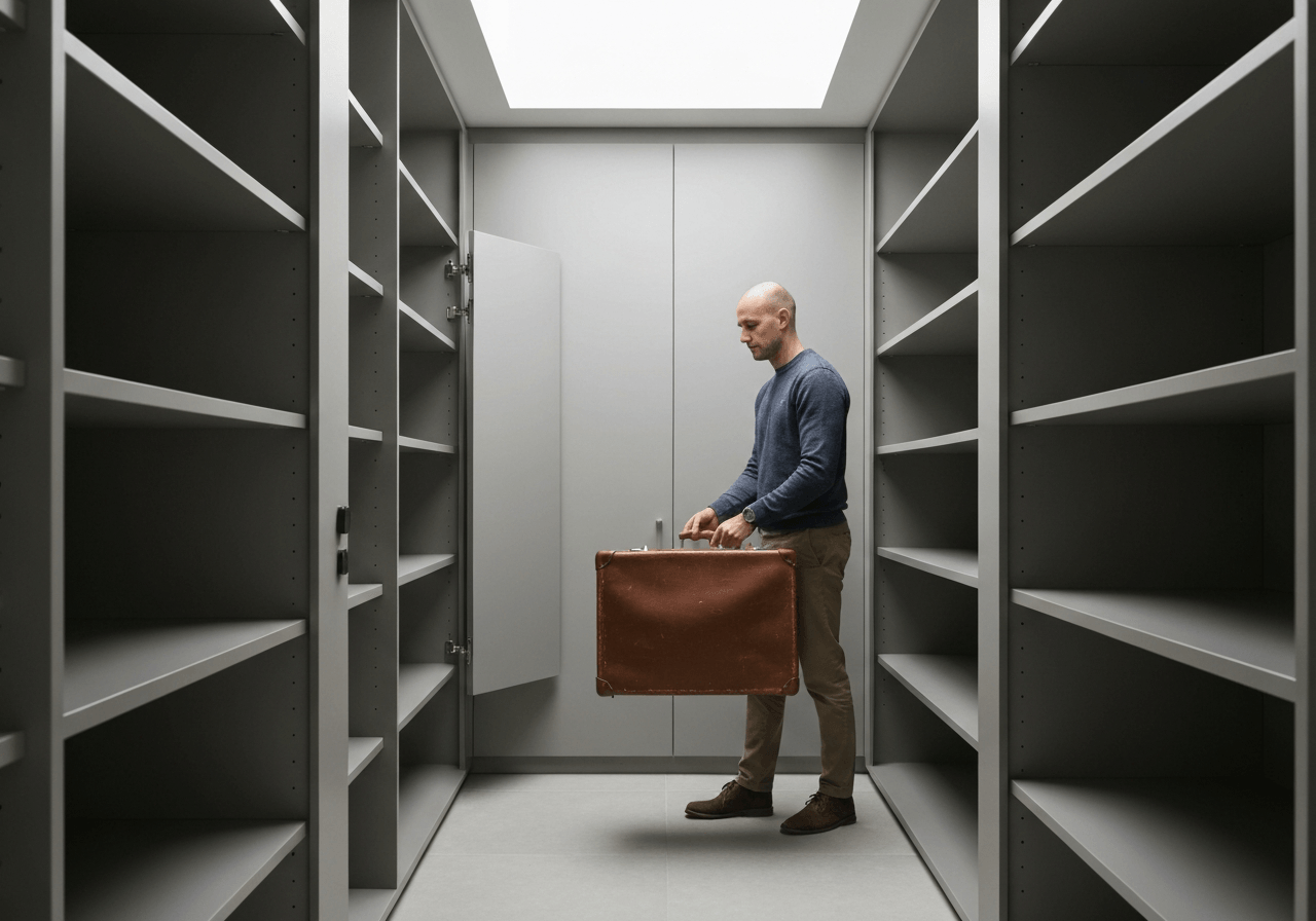 A professional traveler carefully placing a suitcase in a secure, well-lit luggage storage facility in Prague, clean and minimalist interior design, editorial photography, soft natural light, 85mm lens, highly detailed, no text, no letters