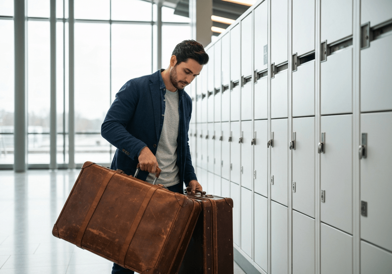 A professional traveler carefully checking a large suitcase at a modern, clean railway station locker facility, aesthetic editorial photography, soft natural light, 85mm lens, depth of field, no text, no words, no letters