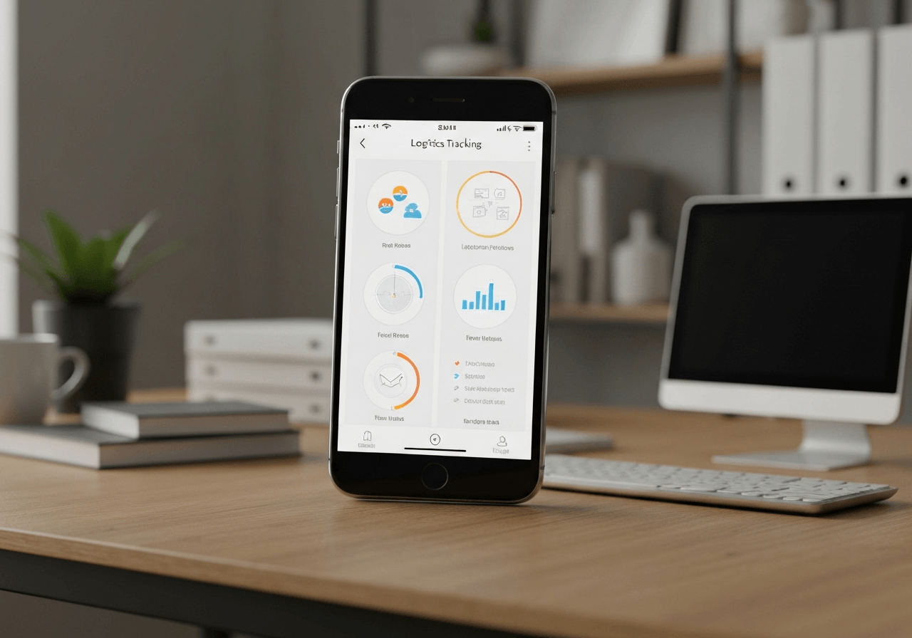A professional sleek smartphone screen displaying a logistics tracking interface, soft focus background of a modern organized home office, editorial photography, cinematic natural light, 85mm lens, high quality, no text, no words, no letters