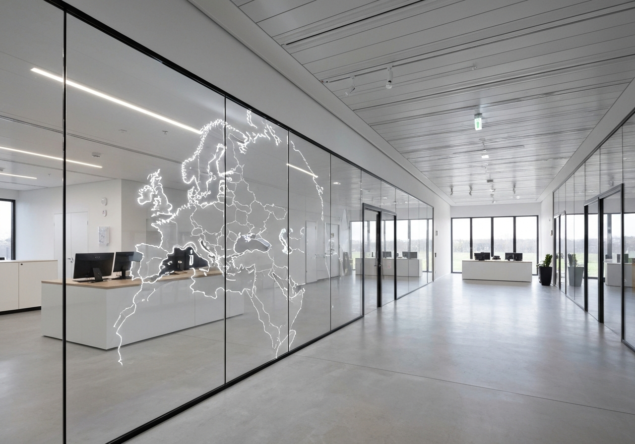 A modern, minimalist logistics hub interior with a glowing digital map of Europe on a glass wall, sleek professional atmosphere, editorial photography, soft natural lighting, 85mm lens, high-end corporate aesthetic, no text, no words, no letters.