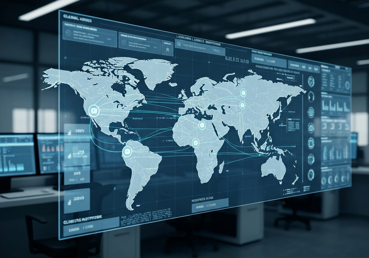 A professional digital interface showing global logistics network connections, interconnected nodes and shipping routes on a digital map, modern warehouse control center, cinematic editorial photography, soft natural light, 85mm lens, highly detailed, no text, no letters
