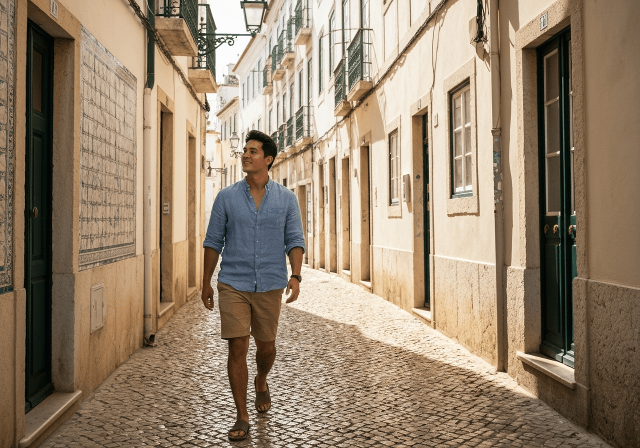 Editorial photography, a traveler walking comfortably through narrow cobblestone streets of Lisbon without luggage, modern aesthetic, soft natural light, 85mm lens, high quality, no text, no words, no letters