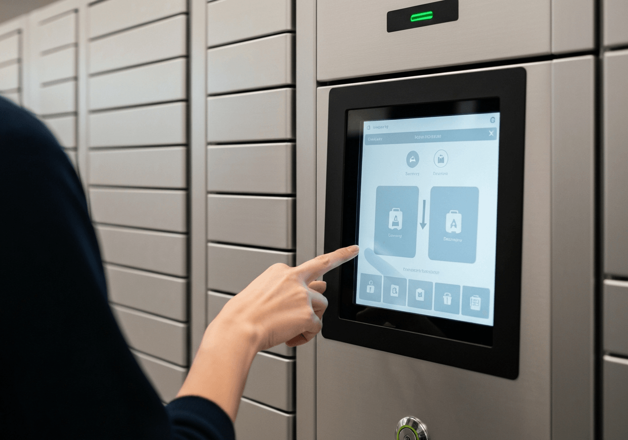 A close-up, high-quality shot of a modern digital luggage storage locker interface, clean minimalist environment at an international airport, soft ambient lighting, focus on security and technology, professional aesthetic, 85mm lens, no text, no words, no letters.