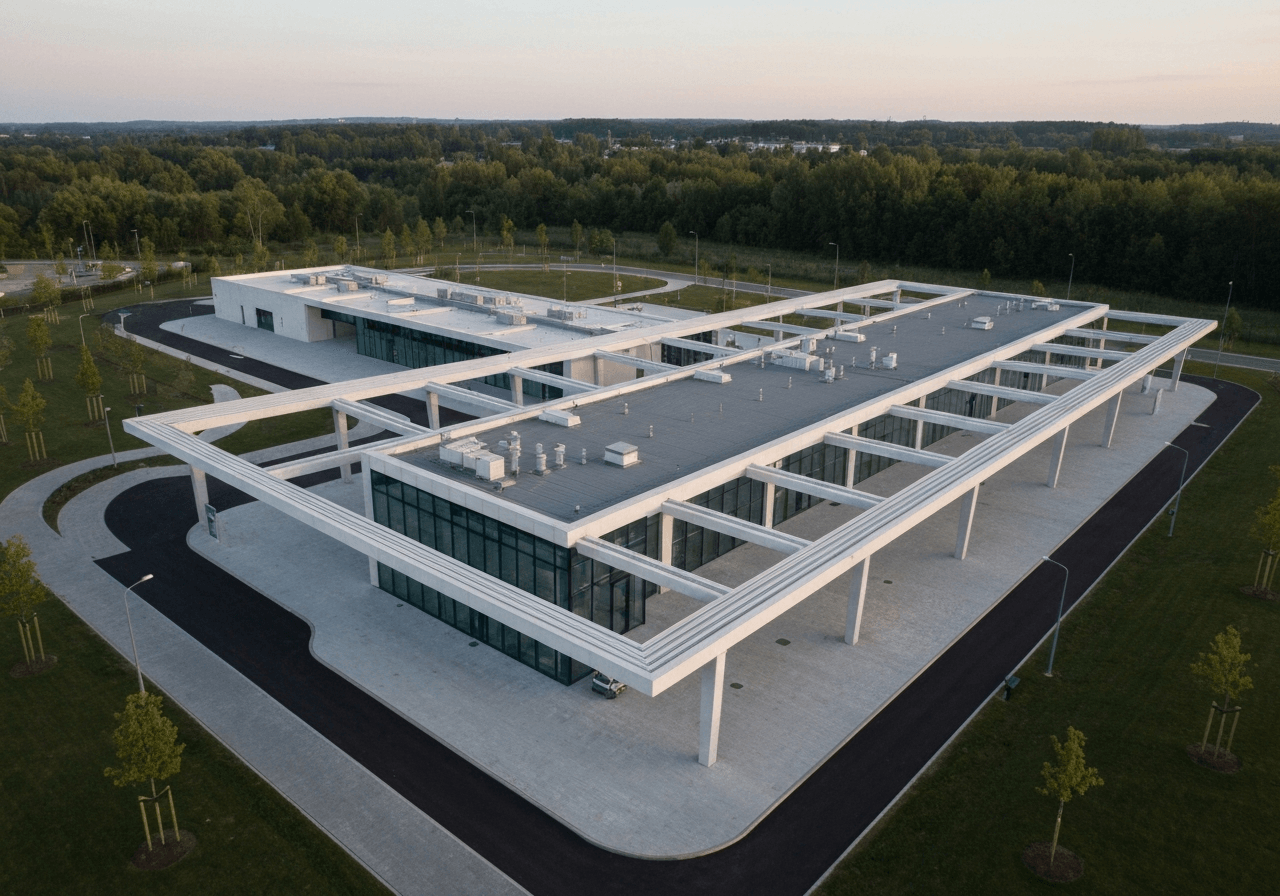 Aerial architectural photography of the modern Bělidla bus terminal in Litomyšl, sleek minimalist design with clean lines and geometric structures, surrounding green landscaping, soft morning natural light, 85mm lens, high resolution, no text, no words, no letters