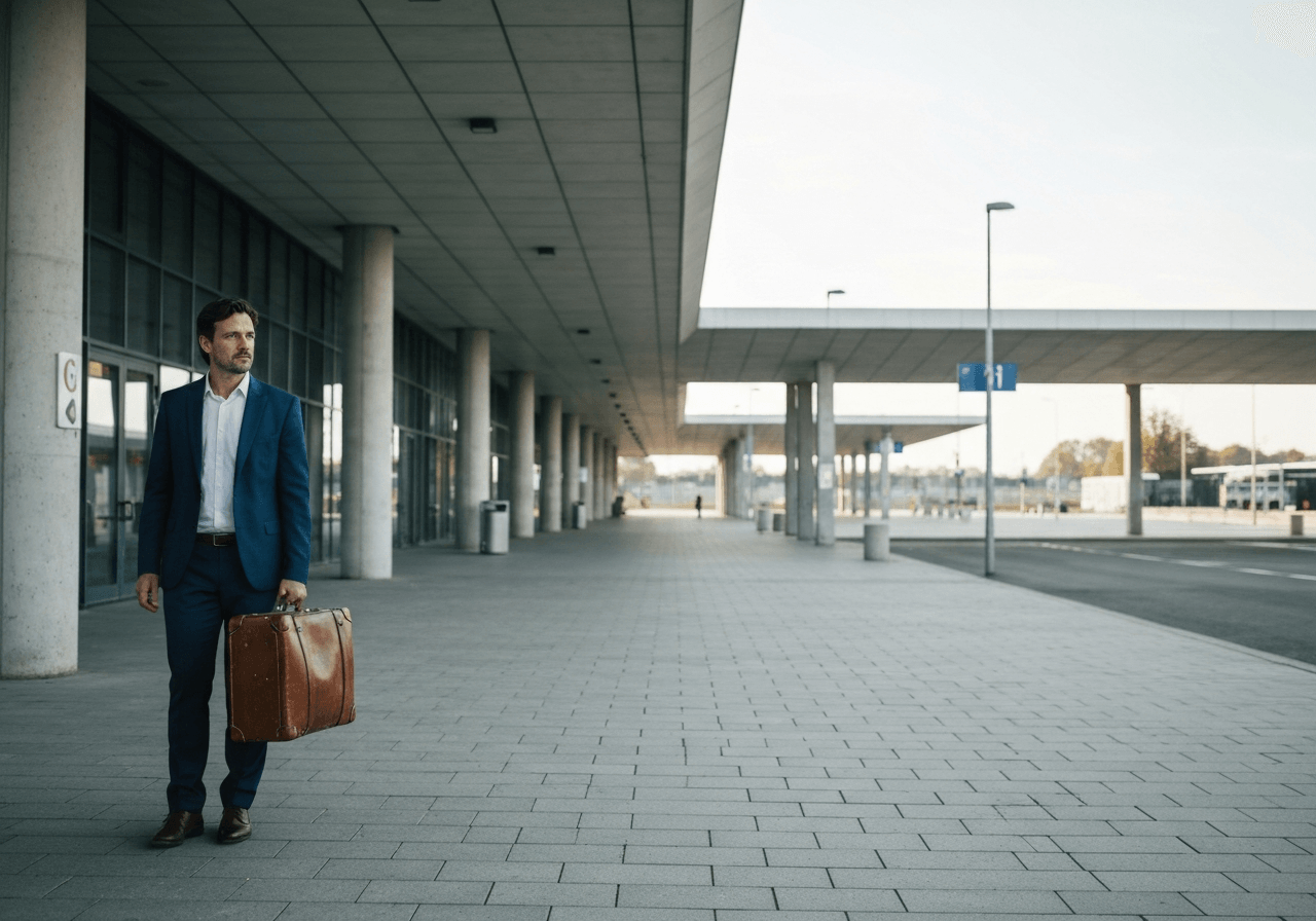 A professional traveler standing near a modern bus station terminal in Litomysl, holding a suitcase, clean urban architectural environment, soft natural morning light, cinematic editorial style, 85mm lens, high resolution, no text, no words, no letters.
