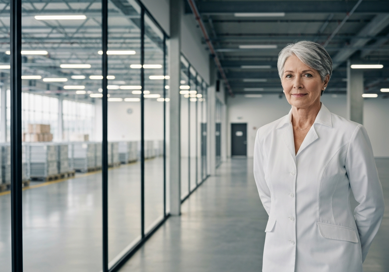 A professional logistics executive standing in a sleek, high-tech warehouse distribution center, glass walls, modern architectural lines, editorial photography, soft natural light, 85mm lens, depth of field, no text, no words, no letters.