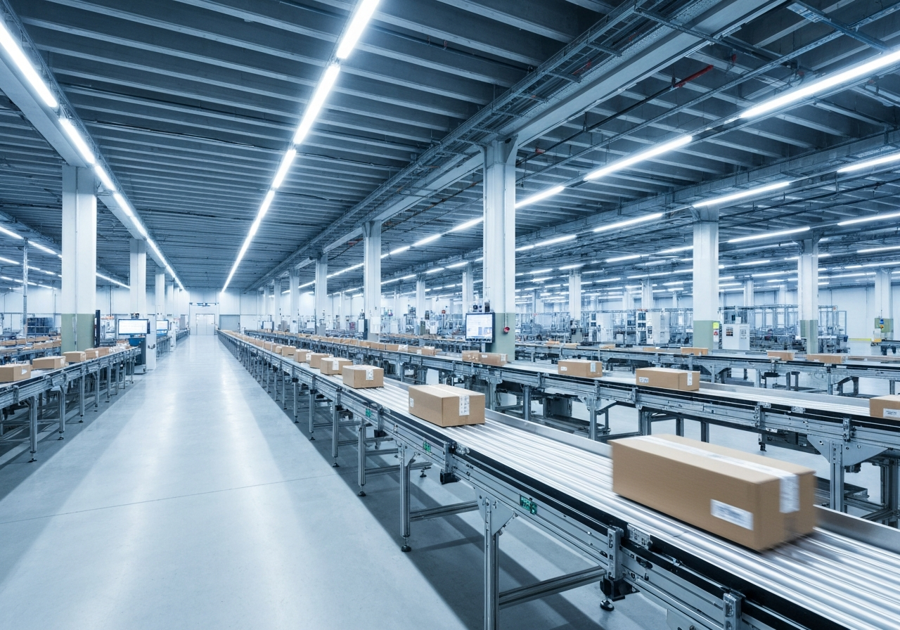 A wide-angle editorial shot of a modern, automated logistics distribution center, parcels moving on conveyor belts, clean industrial design, bright professional lighting, 85mm lens, high-end commercial aesthetic, no text, no words, no letters.