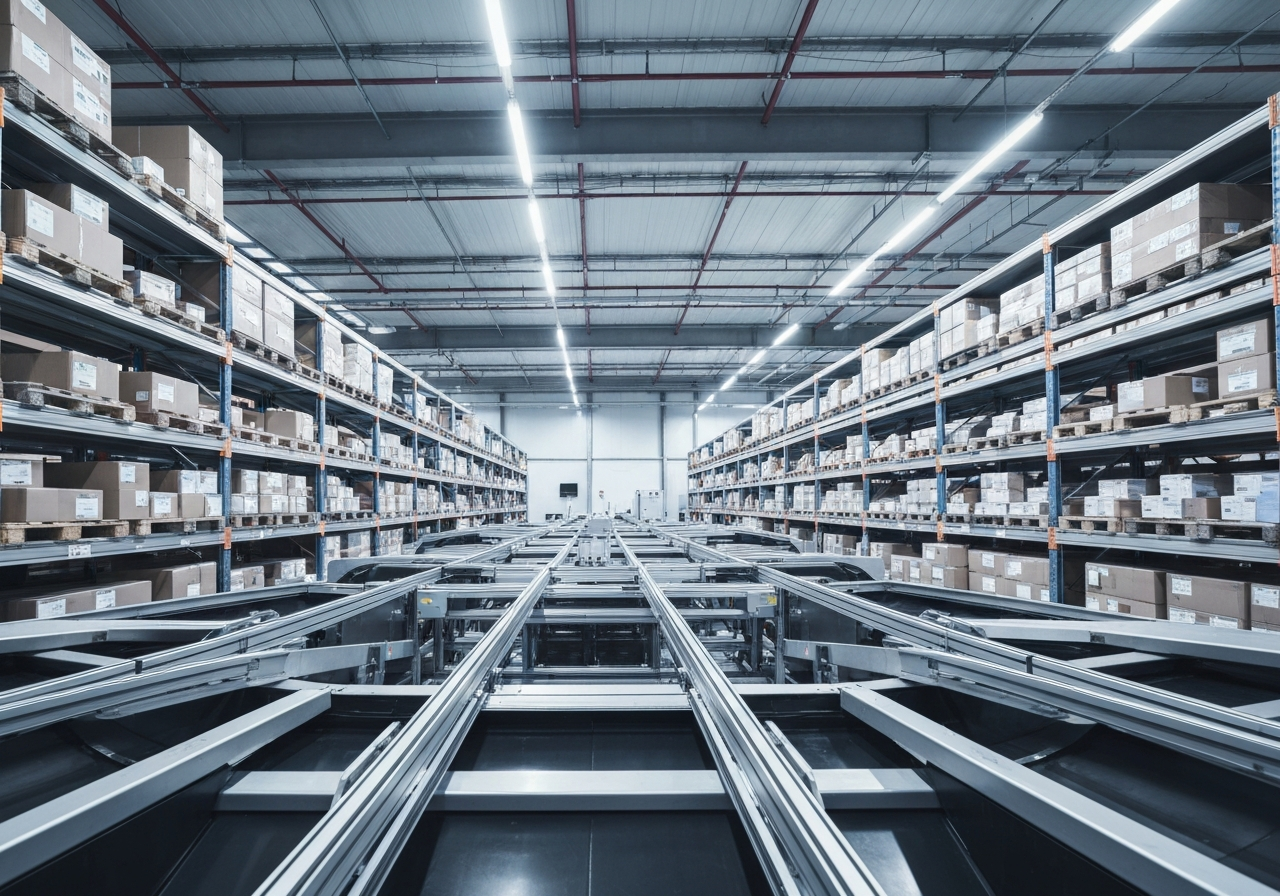 A professional logistics warehouse interior with organized shelves and modern automated parcel sorting technology, sleek aesthetic, soft natural light, depth of field, 85mm lens, high quality, no text, no words, no letters.