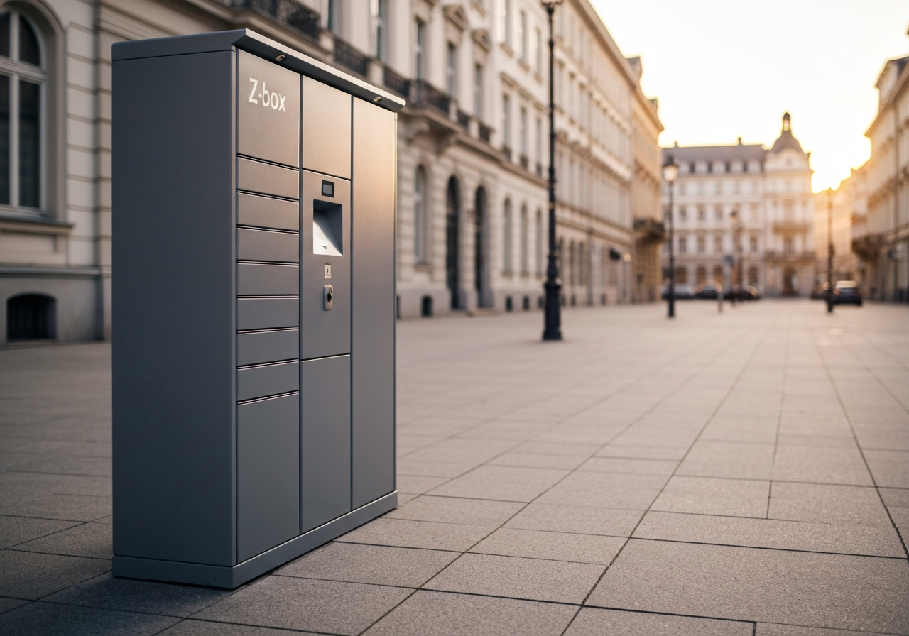 A sleek, modern automated Z-Box parcel locker standing on a clean sidewalk in a European city at sunset, soft natural light, architectural photography, depth of field, 85mm lens, high resolution, no text, no words, no letters.