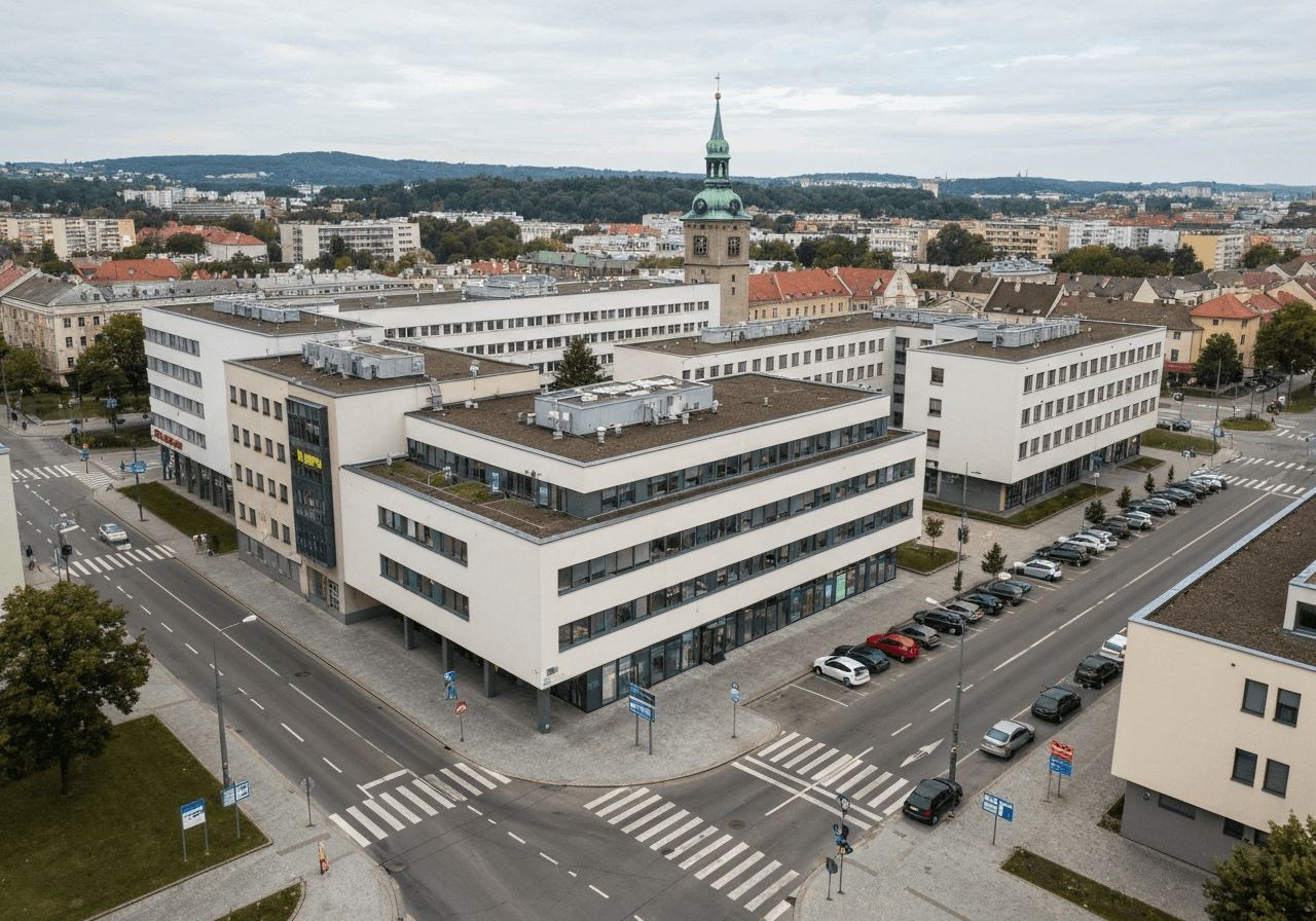 Aerial view of modern Hradec Kralove architecture with clear signage and streets, editorial photography, soft natural light, 85mm lens, high detail, no text, no letters