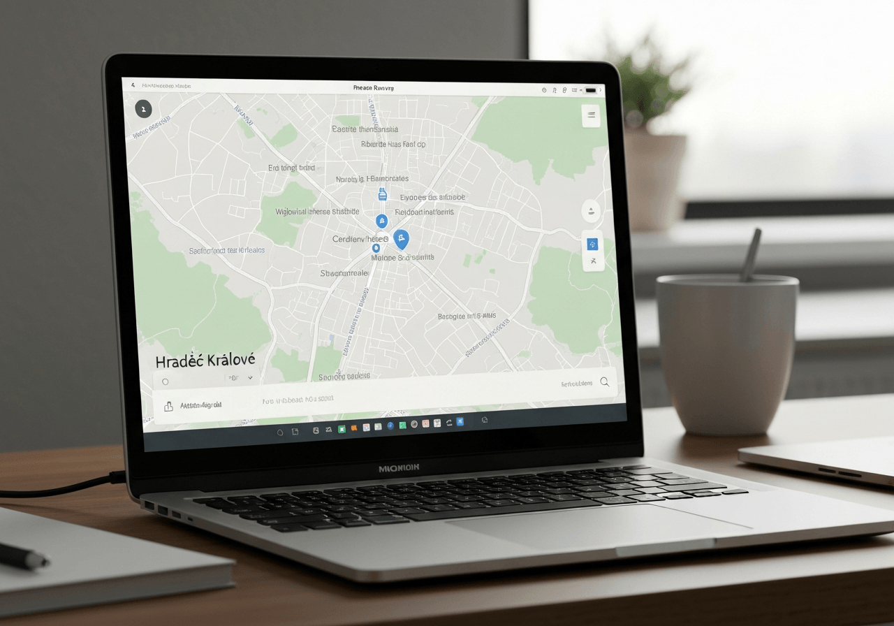 A professional laptop screen displaying a digital map of Hradec Kralove with address search interface, minimalist modern home office desk setting, soft natural morning light, cinematic editorial style, 85mm lens, high resolution, no text, no letters