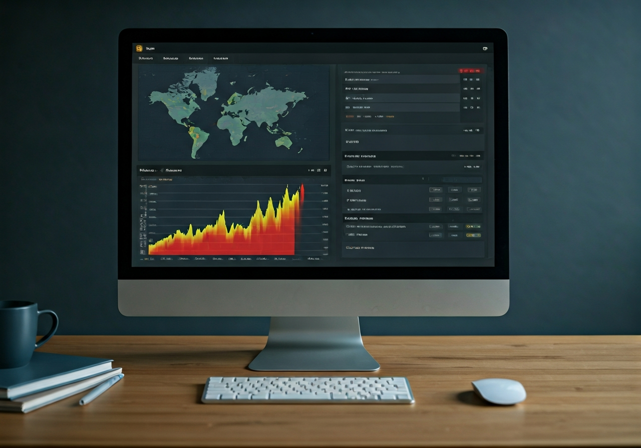 A professional logistics dashboard on a high-end monitor showing delivery heatmaps and performance data, modern clean office environment, premium editorial photography, soft natural lighting, 85mm lens, depth of field, no text, no letters