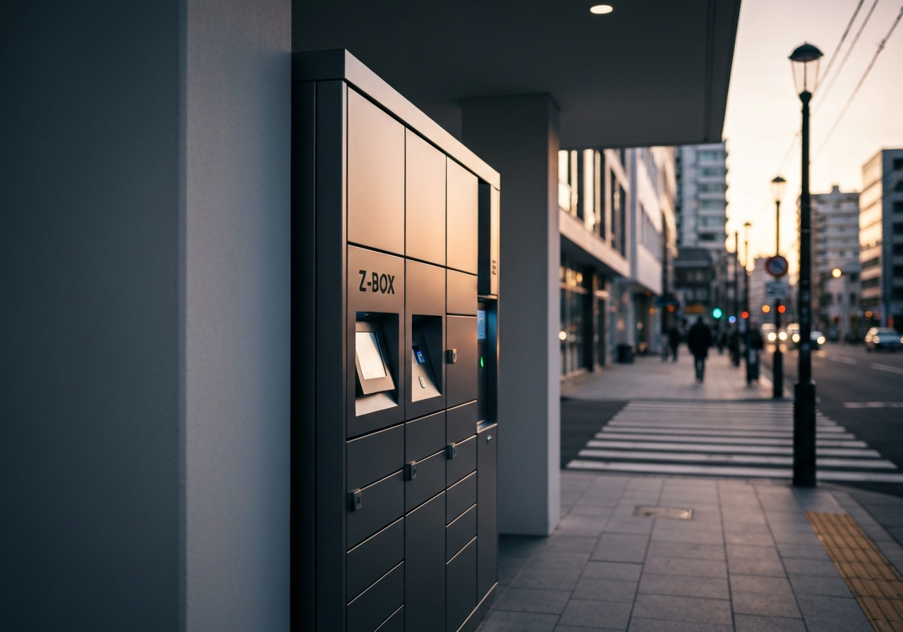 A modern, high-tech Z-Box locker station integrated into a clean, minimalist urban residential environment, sunset lighting, depth of field with blurred city street, 85mm lens, high resolution, editorial aesthetic, no text, no words.