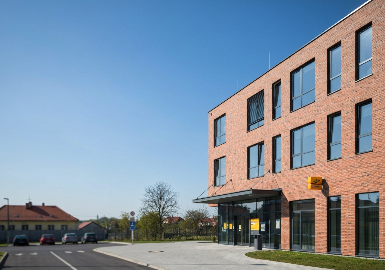Modern professional post office building exterior, sleek glass and brick architecture in Celakovice, vibrant sunny day, editorial photography style, soft natural light, depth of field, 85mm lens, no text, no words, no letters