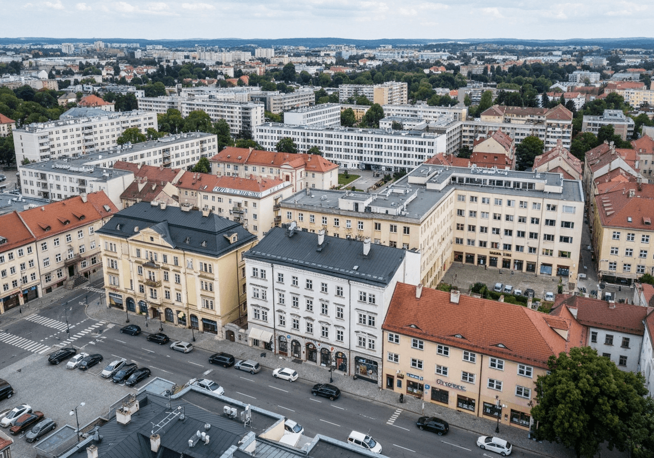 Aerial view of Jablonec nad Nisou city center, clean urban architecture, modern and historic buildings blend, soft natural daylight, professional editorial photography, 85mm lens, highly detailed, no text, no words, no letters