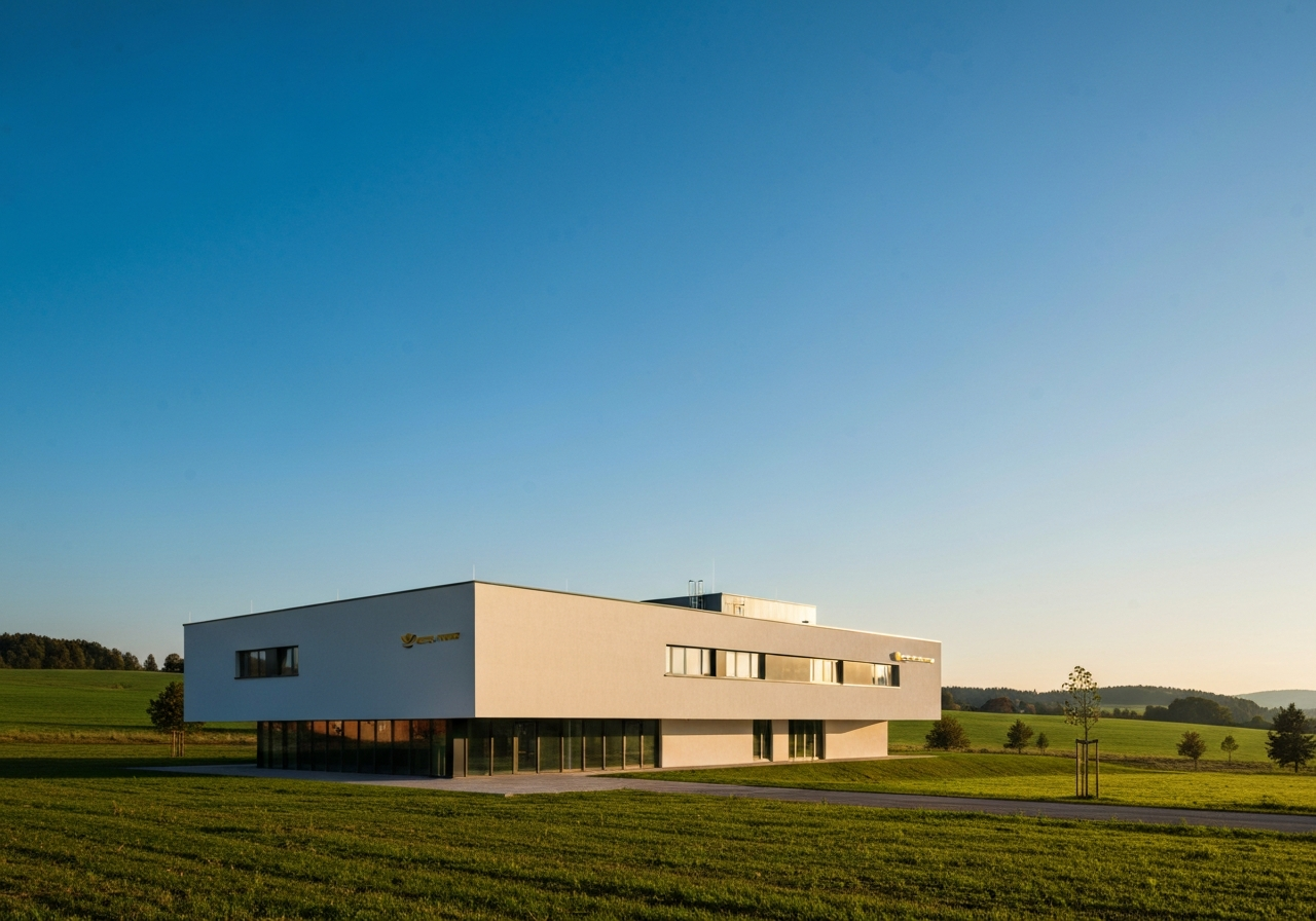 Exterior view of a clean, modern Czech post office building in a rural setting, sunny weather, clear blue sky, architecture photography, 85mm lens, high resolution, no text, no letters
