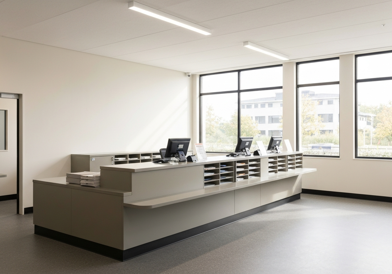 A clean, modern interior of a small-town post office, organized parcel desk with professional lighting, soft natural light, minimalist style, 85mm lens, high quality, no text, no words, no letters
