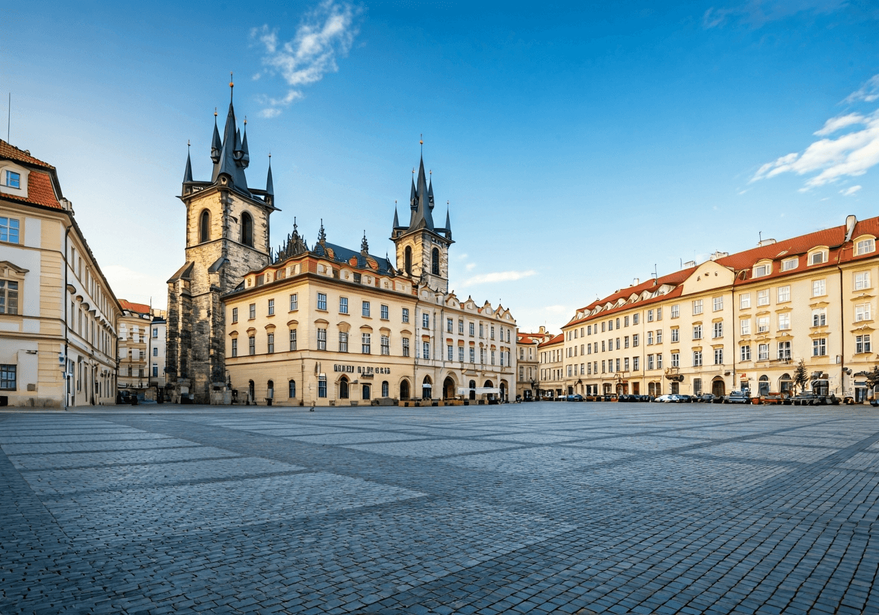A professional view of a modern Czech town square with historic architecture and clean signage, editorial photography, natural daylight, 85mm lens, high resolution, no text, no words, no letters.